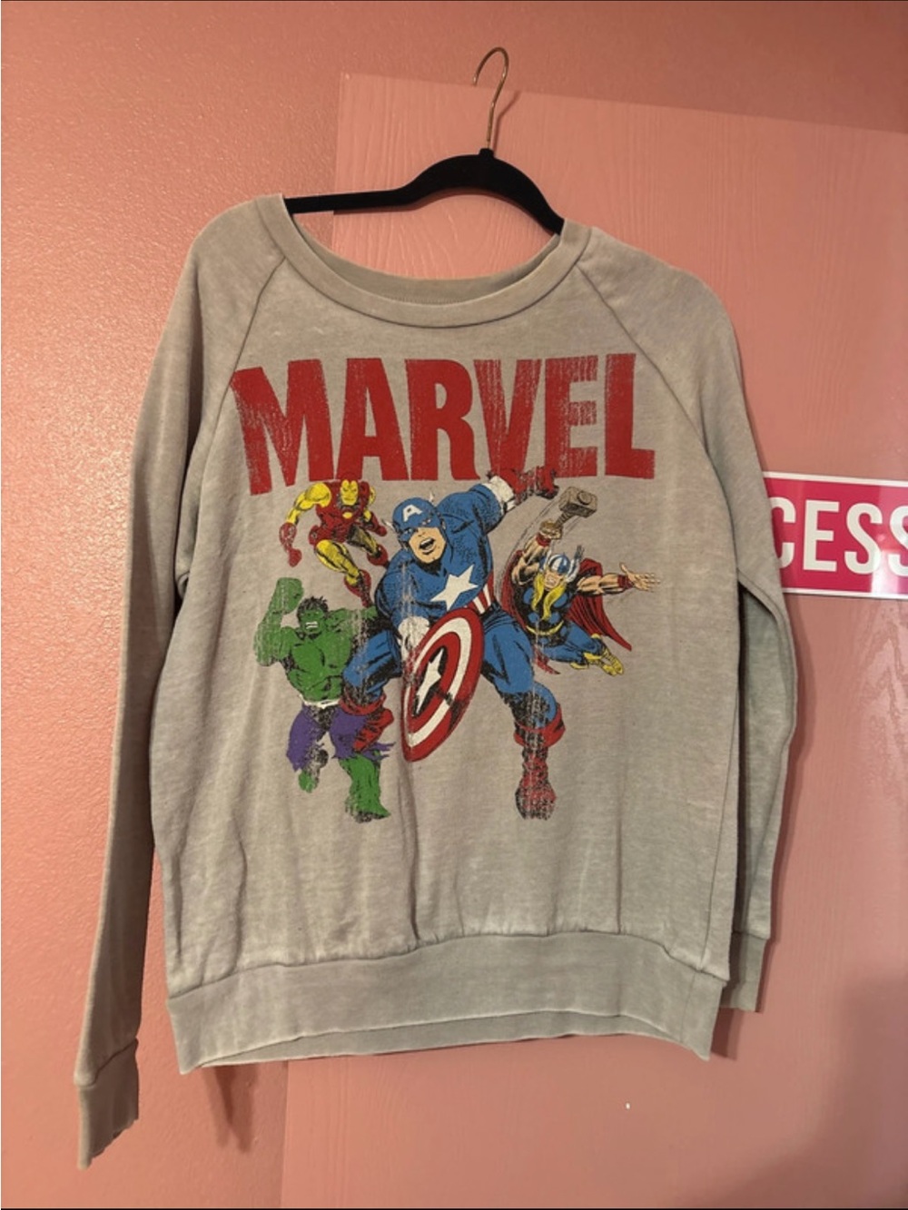Marvel Crewneck Sweater with Red Logo and Multicolor Superhero Print